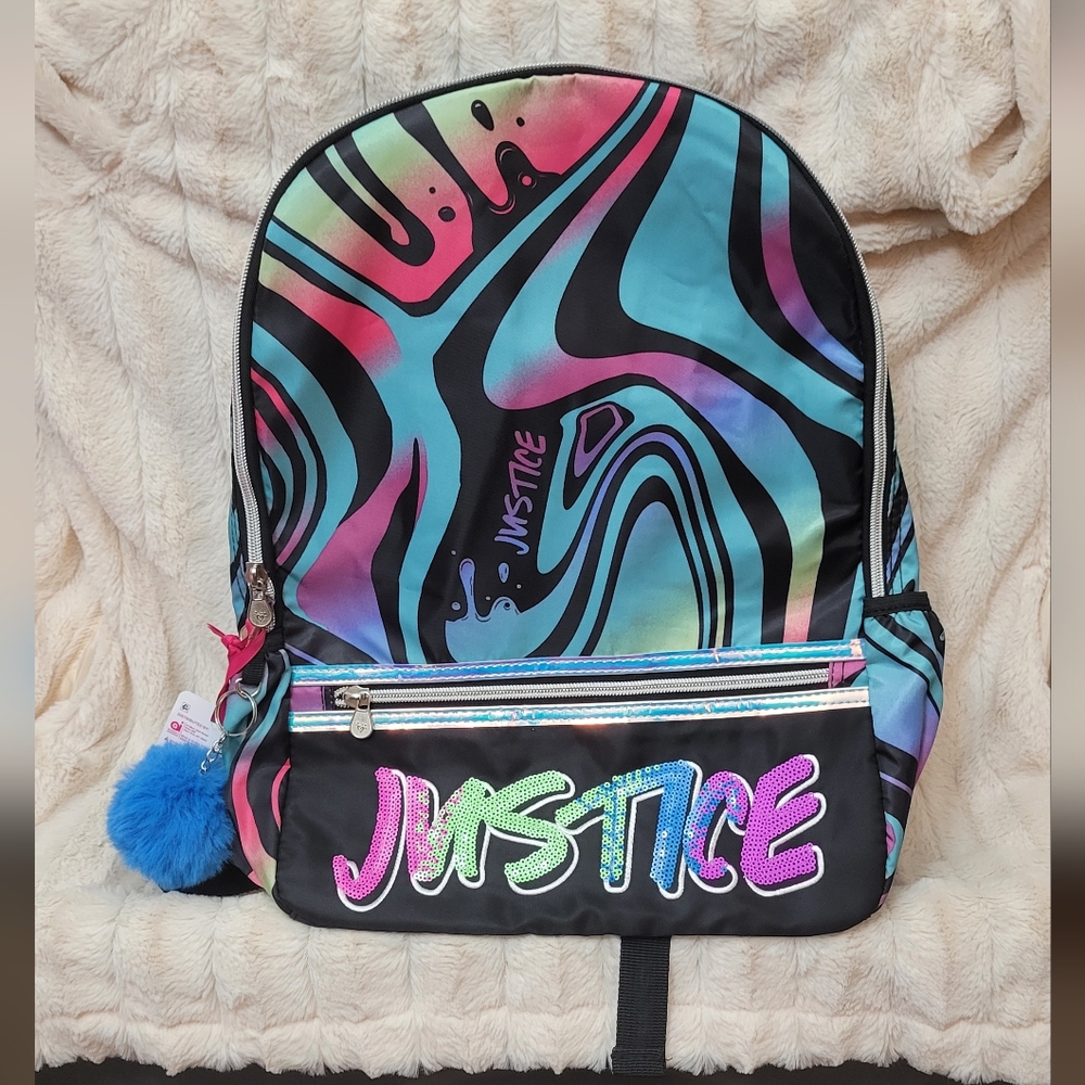 Justice Girls 17" Laptop Backpack with Pom Key Chain, Multi-Color ...